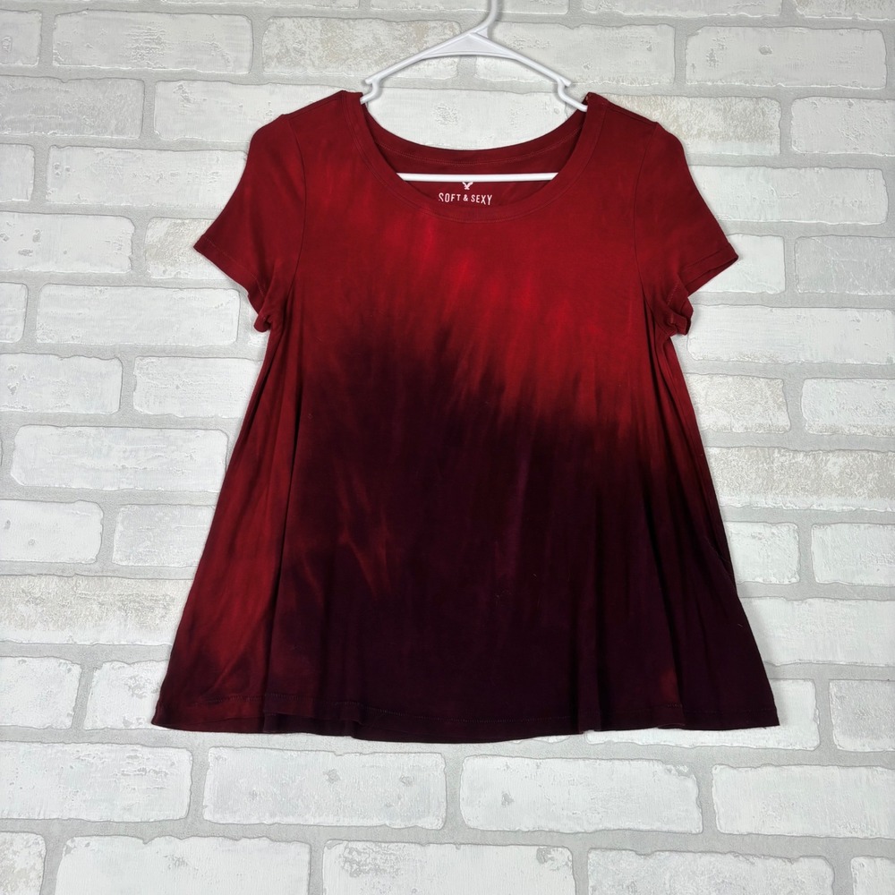 American Eagle Soft & Sexy Red Burgundy Ombre Tie Dye Babydoll Tee XS